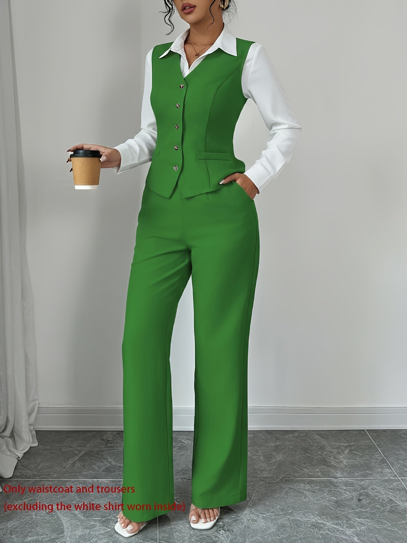 2 PCS Set UK 8-18 Size 5 Colors New Summer Women's Casual Elegant Chic Solid Color Sleeveless Single-Breasted Waist-Cinching Vest + High-Waist Wide-Leg Pants