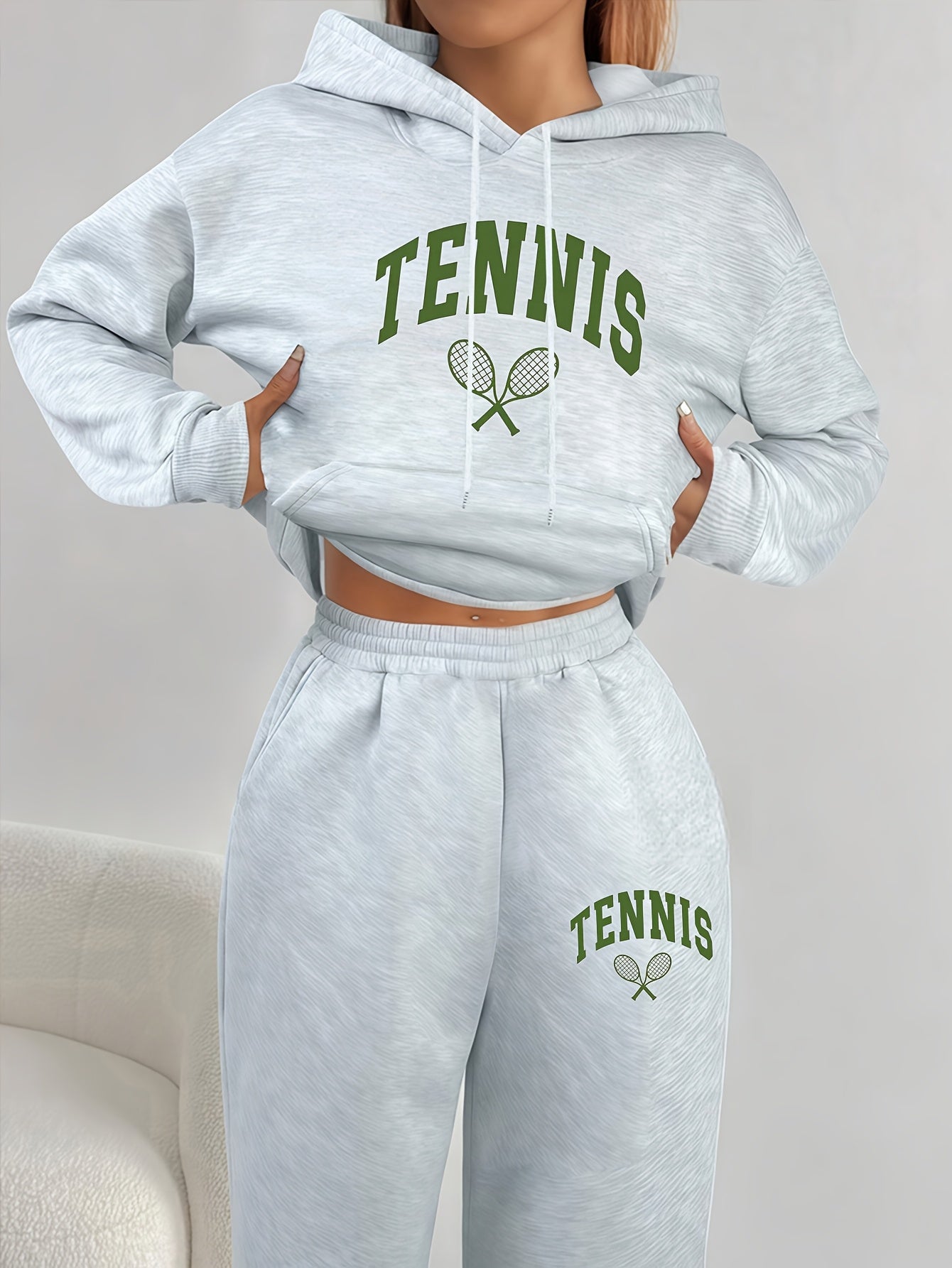 Autumn Winter Women's Casual Sports Two-Piece Set Long Sleeve Hooded Sweatshirt Sweatpants Set Tennis Pattern Lace-Up Pocket Design Simple Versatile Dynamic New Arrival