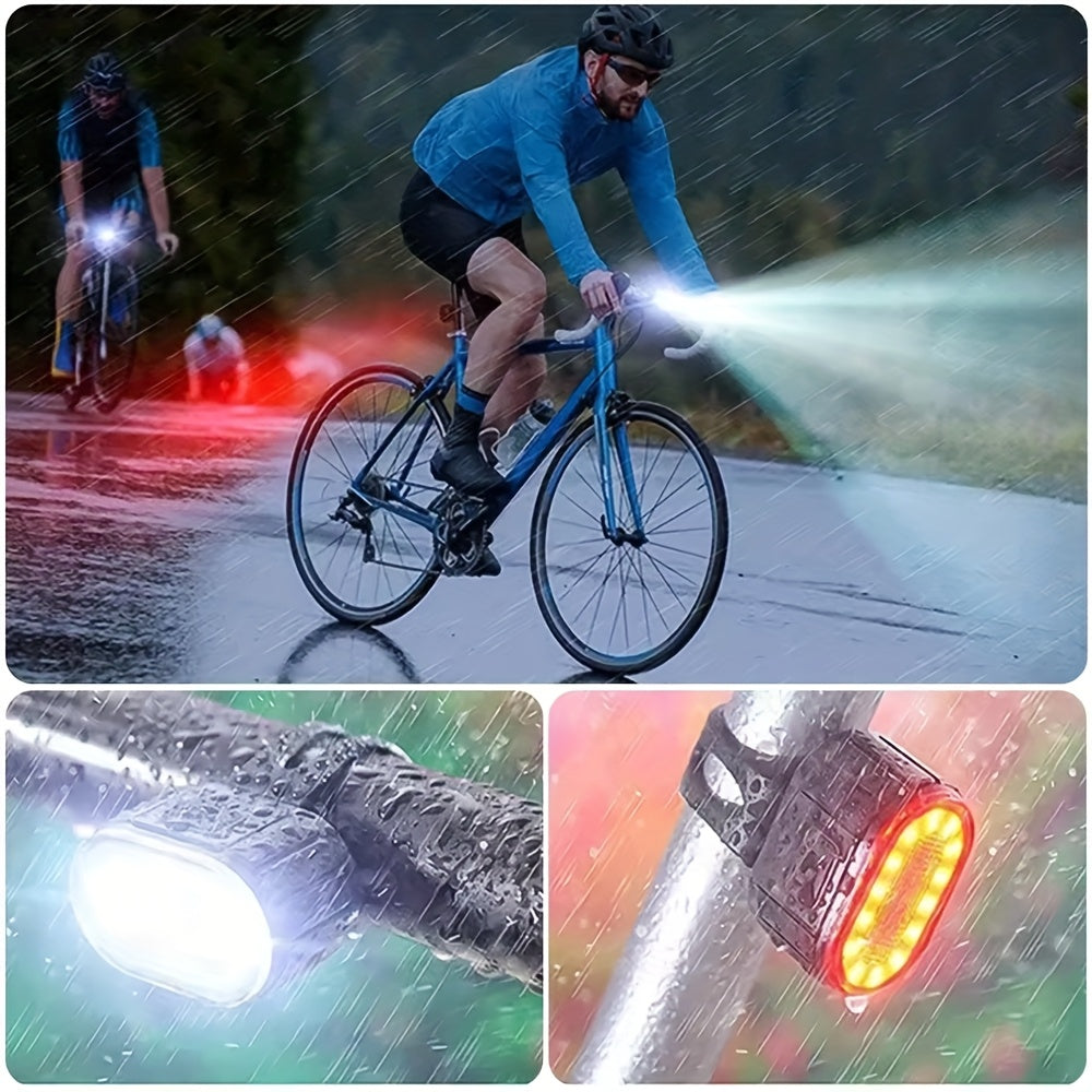 2 PCS Set Bike lights, Complete Set Of Bike lights, White Light Headlight lighting, Red Light Taillight lighting, USB Rechargeable Portable Since The headlight, Bike Tail light, Suitable for Outdoor cycling, Rainy Day Night L