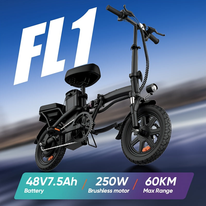 35.56cm Folding E-Bike with 250W Motor & 48V 360Wh Removable Battery - 40-60KM Range, 3 Modes Lightweight Alloy Steel Frame, Disc Brakes, Black Urban Commuter Bike for Men & Women, Foldable Design for Easy Storage, Electric B