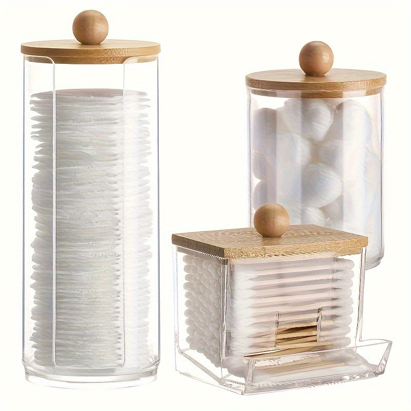3pcs Cotton Swab Holder, Bathroom Dispenser Storage Box For Cotton Ball, Cotton Swab, Cotton Round Pads And Floss Picks, Clear Storage Canister With Bamboo Lid, Home Organization And Storage Supplies