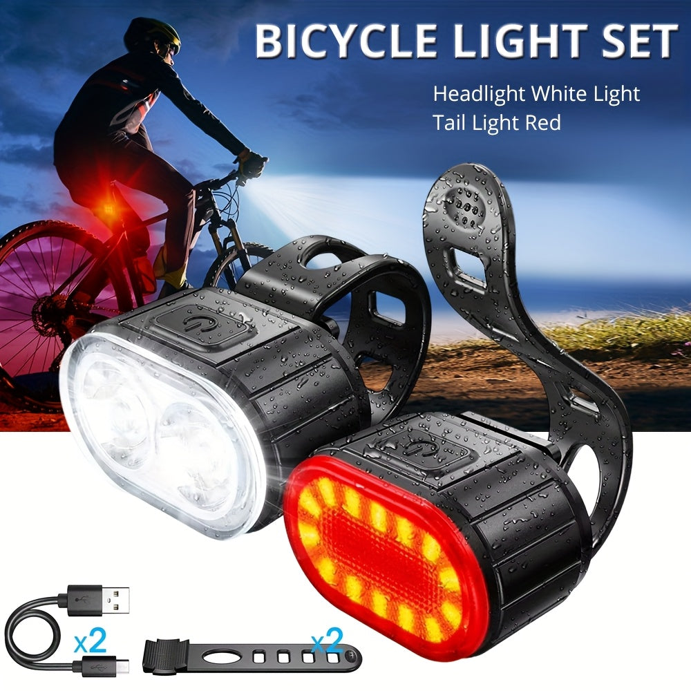 2 PCS Set Bike lights, Complete Set Of Bike lights, White Light Headlight lighting, Red Light Taillight lighting, USB Rechargeable Portable Since The headlight, Bike Tail light, Suitable for Outdoor cycling, Rainy Day Night L