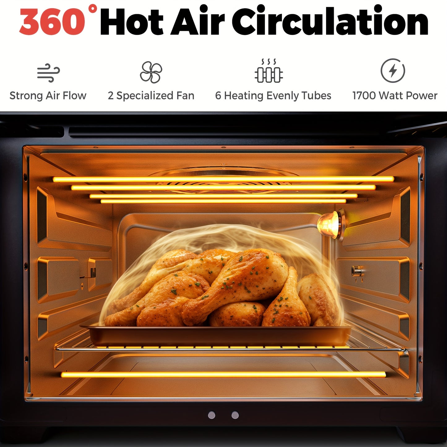 28L Air Fryer Oven with Rotating Grill, 18-in-1 Large Air Fryer Cooking Top-to-Bottom Convection Oven, Oil-Free Air Fryer Quick Baking, Pizza, Grilling, Bread, Dehydrating, 1700W Full Accessory