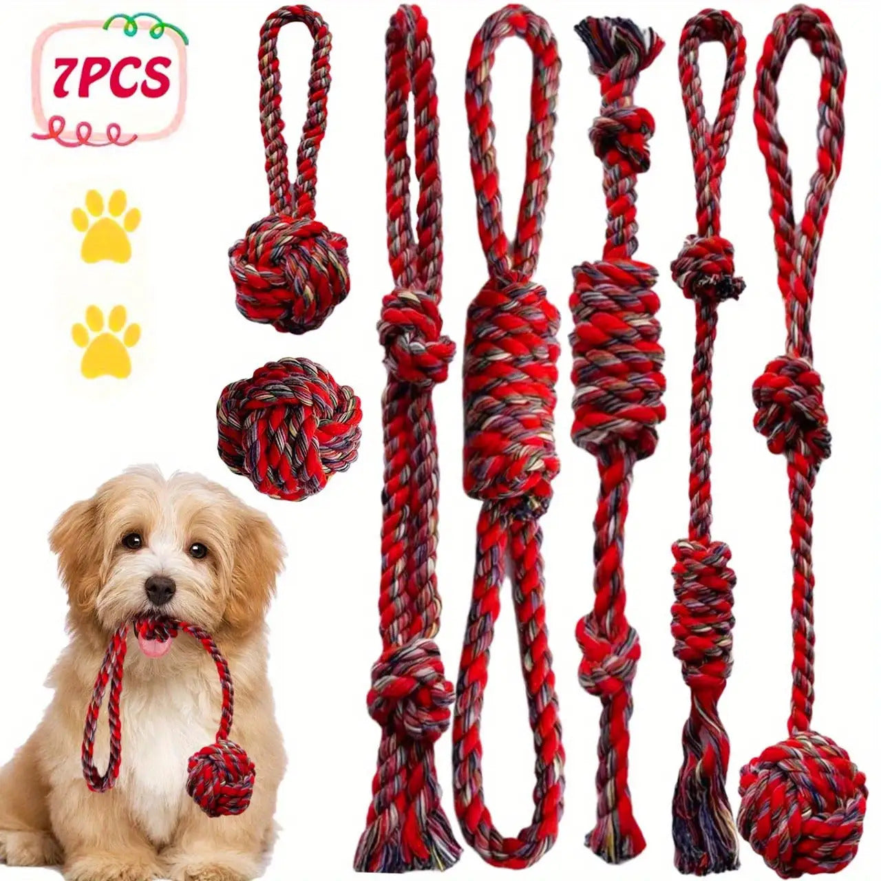 7 PCS Set of Red Dog Chew Rope Knot Toys, Durable Training Interactive Dog Rope Toys, Suitable for Various Sizes of Dogs for Play and Interaction. Multifunctional Teeth Grinding Rope, Indoor and Outdoor Training and Teeth Cle