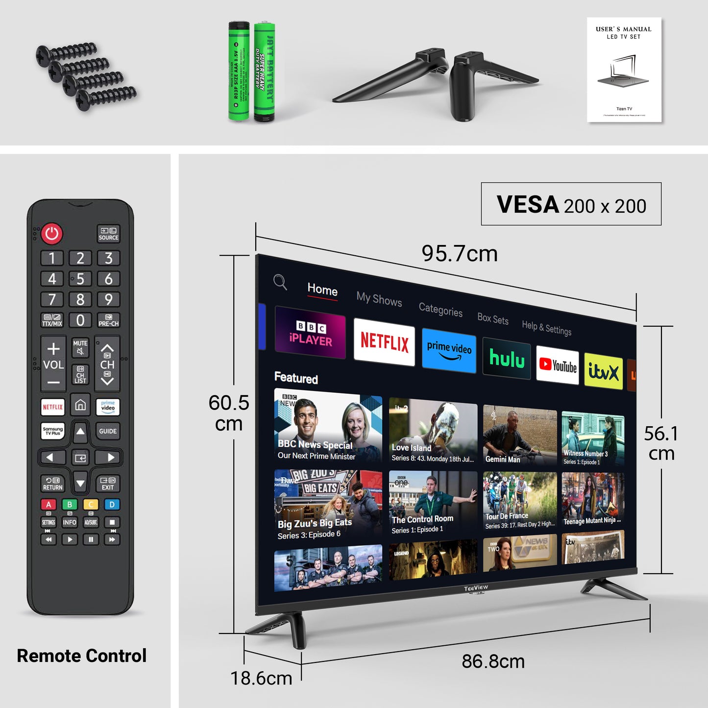 43 Inch 4K UHD Smart TV Powered by Tizen, 3 HDMI, 2 USB, RJ45 - Teeview TV43QUT-UK
