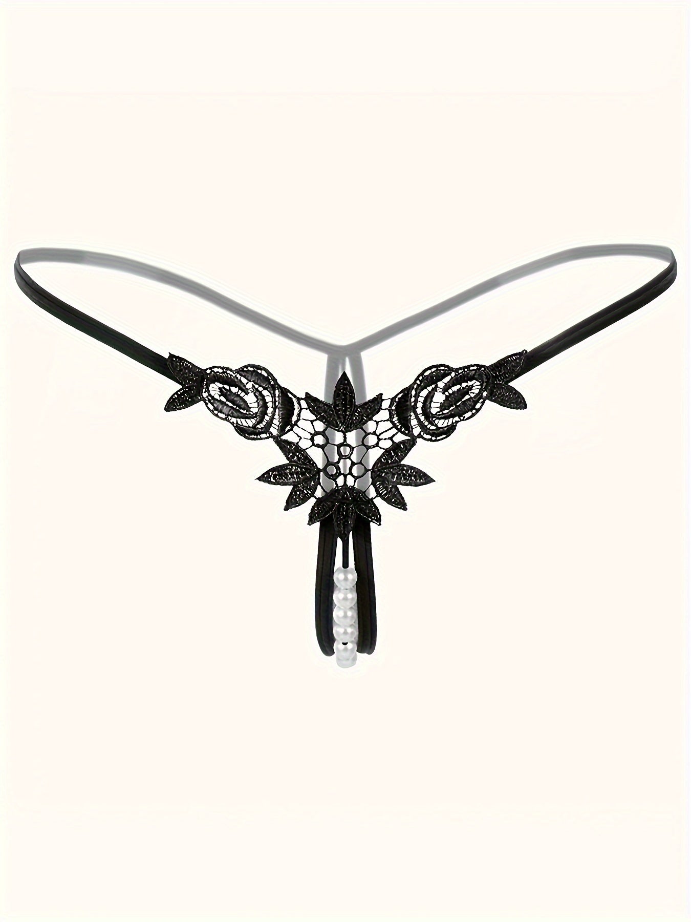 9 PCS Set Women's Adjustable Sexy Thongs with Embroidered Hollow-Out Design, Pearl-Embellished Crotchless Panties - Black, Lace Trim, Comfort Fit for Intimate Wear, Intimate Apparel | Sexy Thong Design | Adjustable Strap