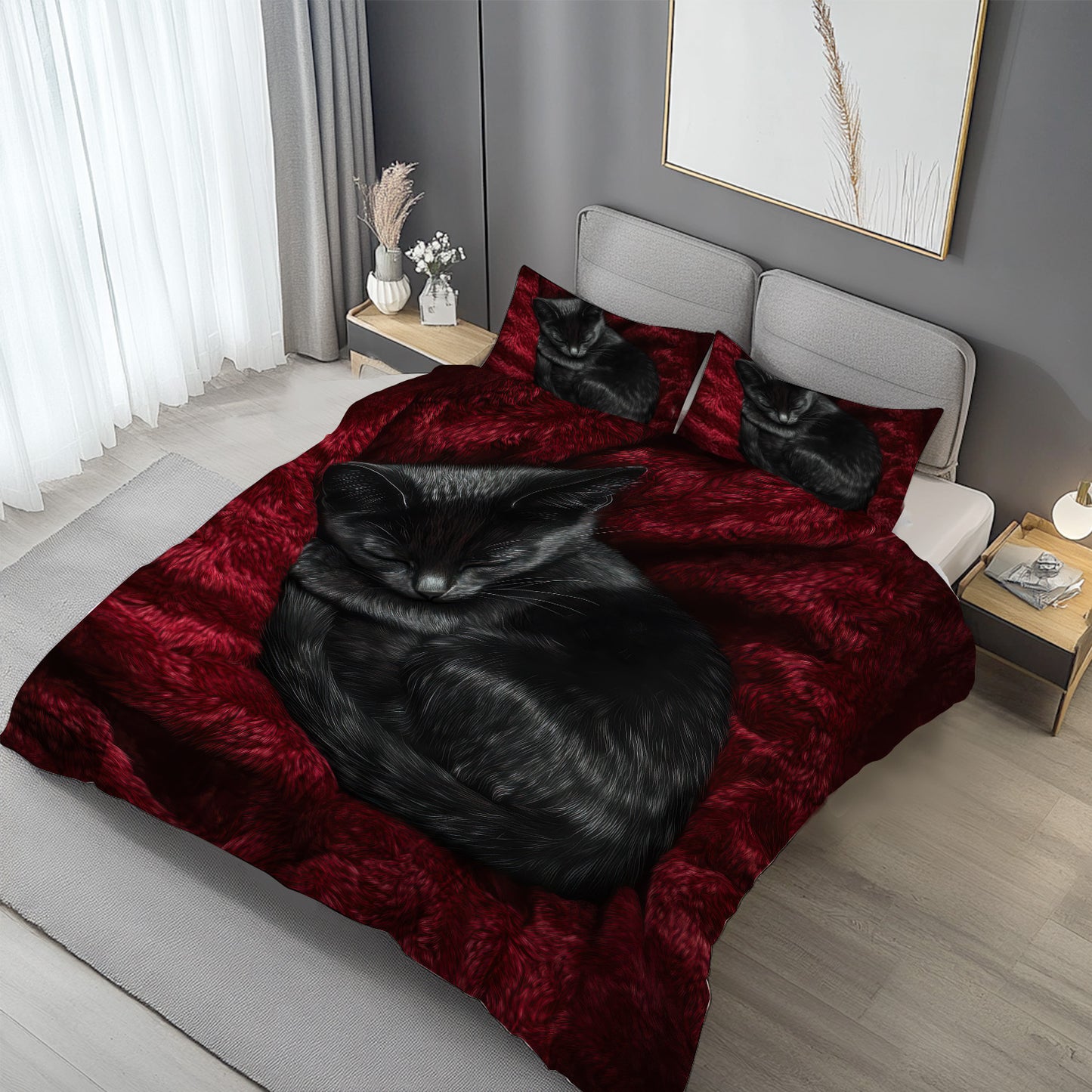 2/ 3 PCS Set Black Cat Red Duvet Cover Set, 1 Duvet Cover & 2 Pillowcases, Black Cat Red Design Bedding Set, Machine Washable, Soft and Comfortable Bed Cover Set for Bedroom
