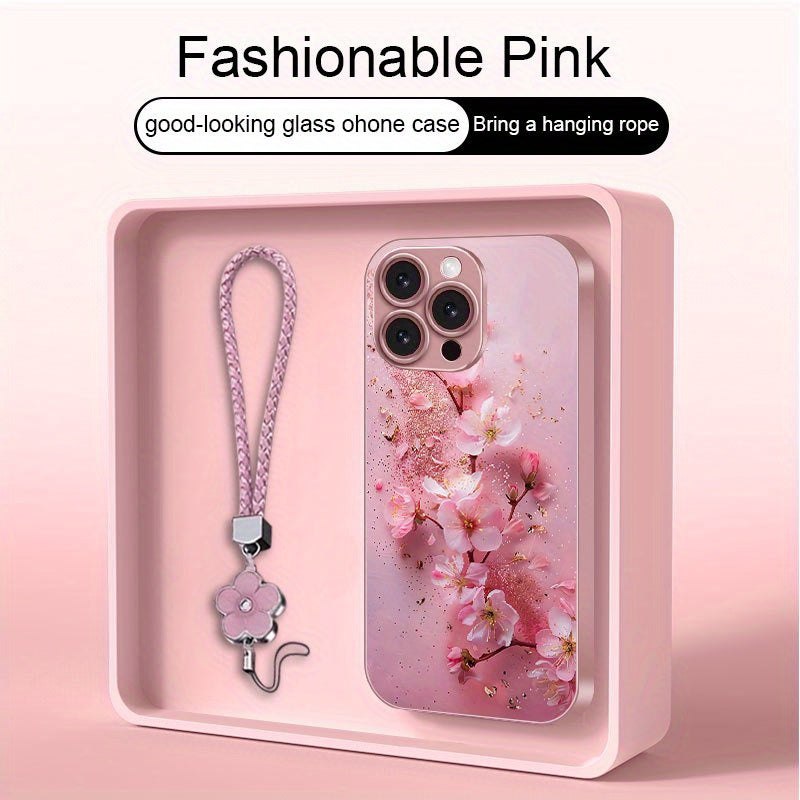Golden-Plated Cherry Blossom Metal Paint Glass Phone Case with Lanyard for iPhone 16/16 Plus/16 Pro/16 Pro Max/15/15 Plus/15 Pro/15 Pro Max/14/14 Plus/14 Pro/14 Pro Max/13/13 Pro/13 Pro Max/13 Mini/12/12 Pro/12 Pro Max/12 min