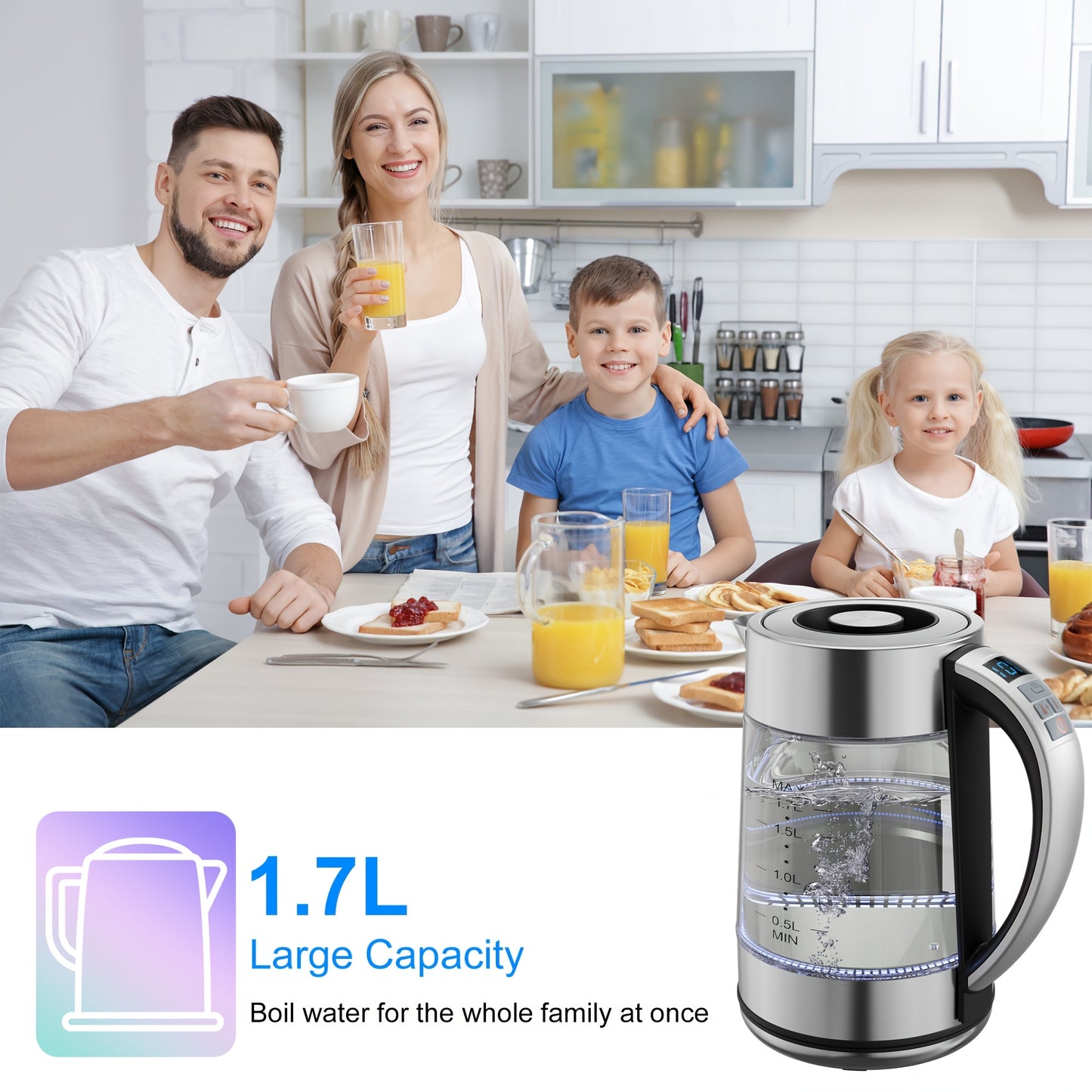 Electric Kettle with Temperature Control, LED Indicator Lights, Glass Tea Kettle & Hot Water Boiler, 360° Swivel Base,, Stainless Steel, 1.7 Liters, 3000W, Sleek Design, Modern Kettle, Highquality Build, Fast Boiling Kettle,