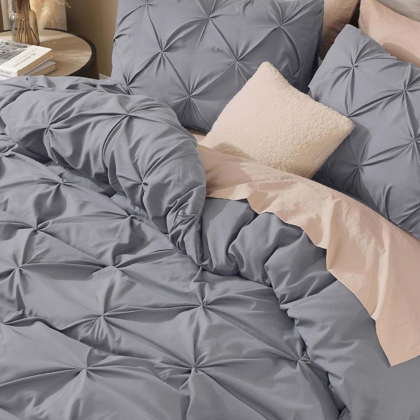 3 PCS Set 5 Colors Charcoal, Pink*Five Star Hotel* Pinch Pleated Luxury High Quality Duvet Cover Set, Soft Pintuck Bedding Sets with Pillowcases
