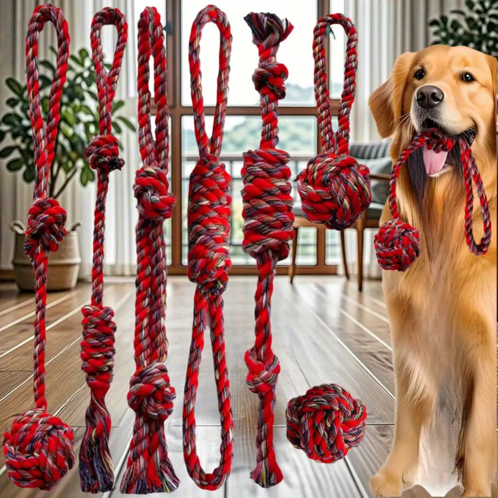 7 PCS Set of Red Dog Chew Rope Knot Toys, Durable Training Interactive Dog Rope Toys, Suitable for Various Sizes of Dogs for Play and Interaction. Multifunctional Teeth Grinding Rope, Indoor and Outdoor Training and Teeth Cle