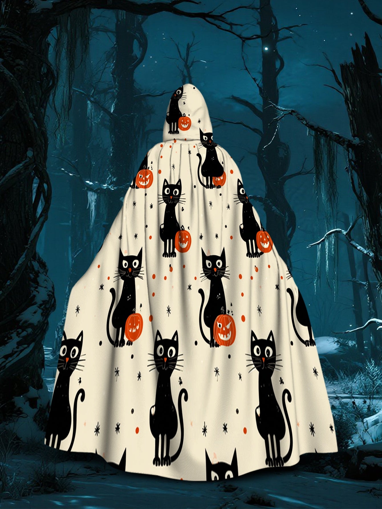 All-Season Witchcraft Halloween Hooded Cape Costume - Black & White Print with Witch Hat, Loose-Fit Witch/ Costume Accessory for, Machine Washable (Halloween Party Outfit, Carnival Cosplay Masquerade)