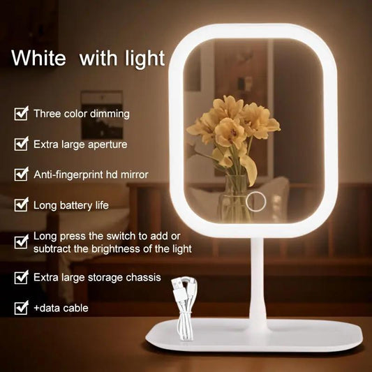 LED Makeup Mirror with Lights, Dressing Table Lighting, Portable Foldable Touch Control, 3 Lighting Modes for Makeup - Rechargeable Battery, Polished Glass Surface, Perfect for Students and Dorm Rooms. A Stylish Accessory for