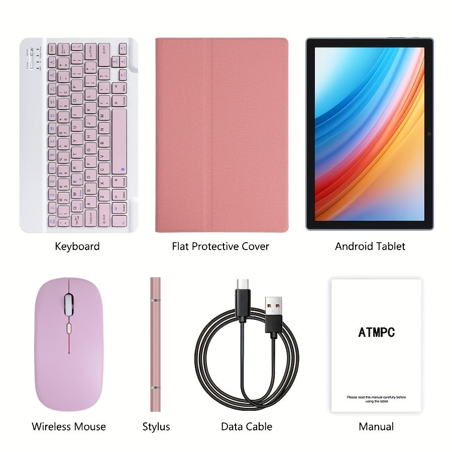 10.1-inch Android 15, 2-in-1 tablet, 64GB ROM+(4GB+8GB expansion) 12GB RAM, 5MP dual camera, 8-core processor, 1280 * 800IPS high-definition display screen, 5G Wi Fi 6, Google, equipped with mouse, stylus, keyboard, anti drop