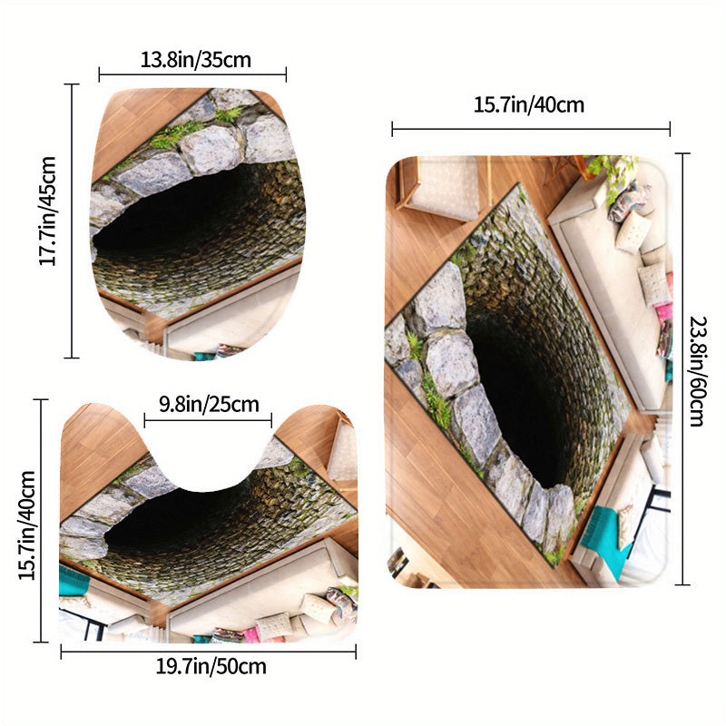 3 PCS Set Old Stone Well Pattern Plush Flannel Non-Slip Toilet Mat | Absorbent, Washable, Decorative, Realistic 3D Illusion for Bath, Home Accents, Entrance, Kitchen, Living Room