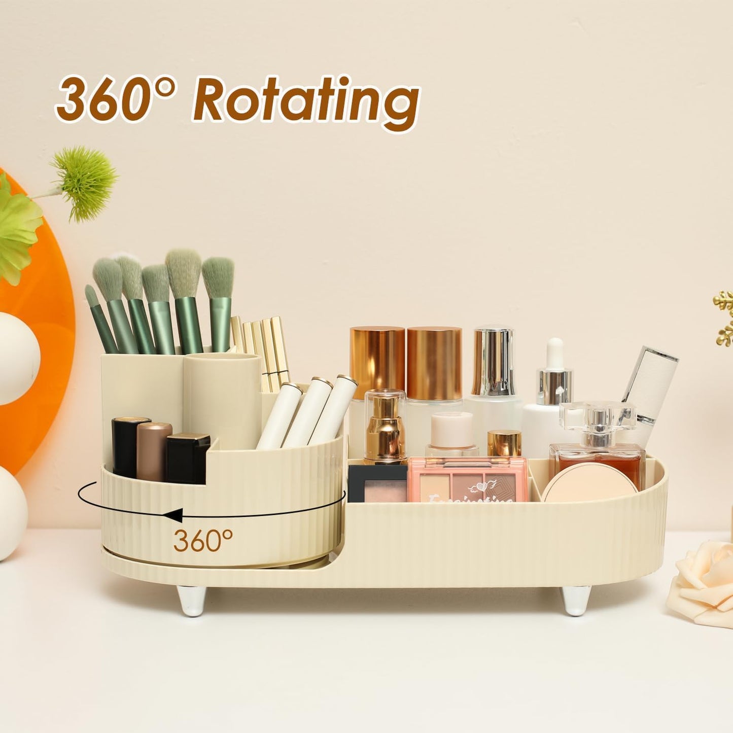 Black and White Color Rotating Makeup Organizer, 360°Rotating Large Capacity Brush Holder, Storage with Compartments for Vanity, Bathroom, Desk Container, Cosmetic Display Cases