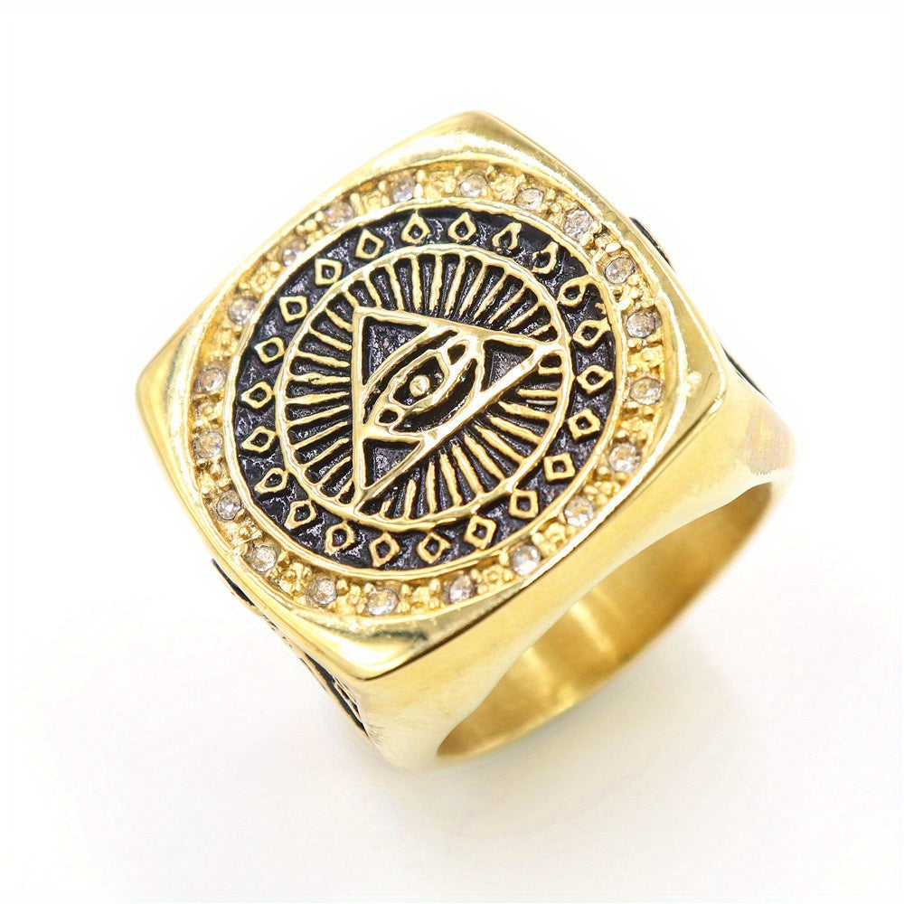 Illuminati Secret Society Men's Fashion Ring, Freemason All-Seeing Eye Design, 304L Stainless Steel Material, Hypoallergenic, Suitable for Daily Wear, Parties, and Ceremonies