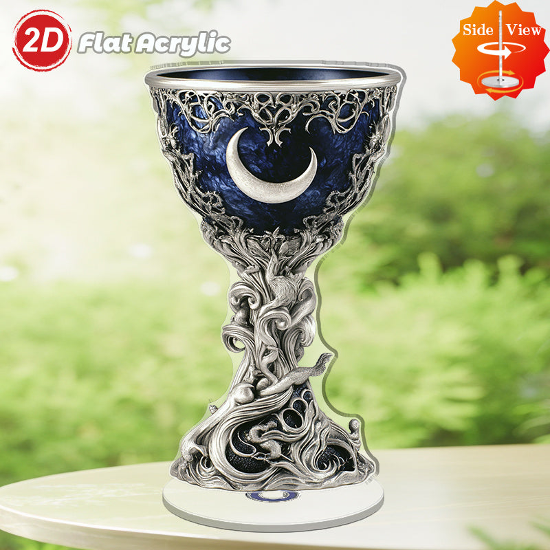 2D Flat Spinning Acrylic Tabletop Decor Featuring A Mystical Chalice Secret Society Sacred Ceremonies with Azure Interior And Silvery Filigree for Enchanting Home Or Office Settings