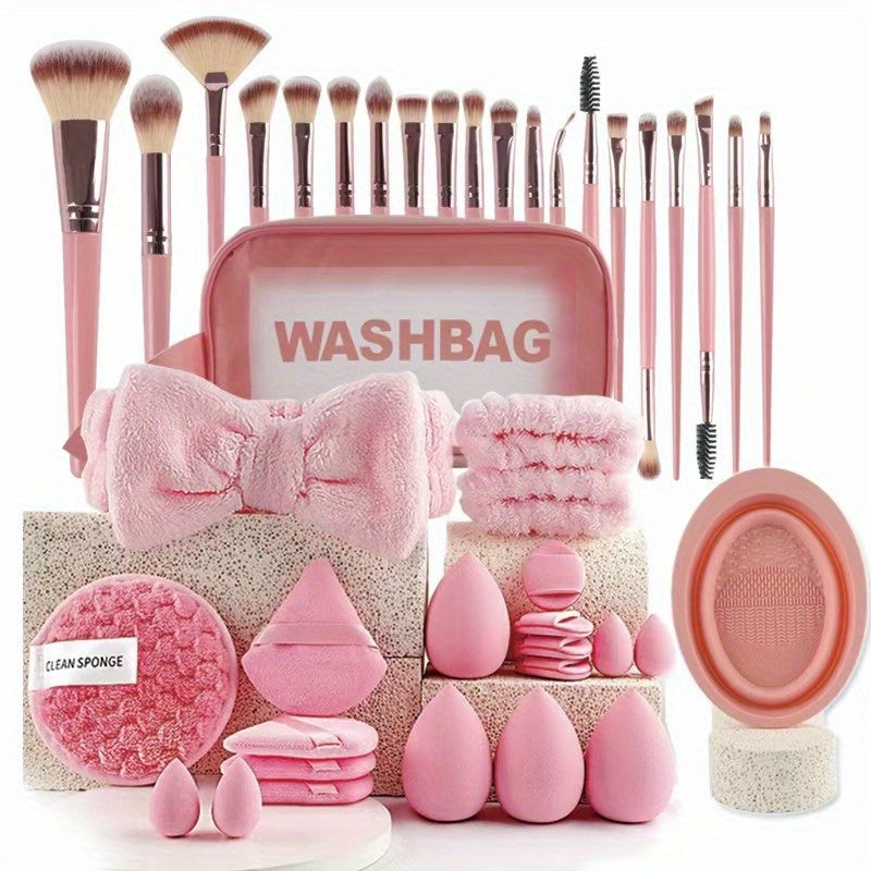 42pcs/set Face and Eye Makeup Brush Set Including 20 Brushes, Headbands, Bracelets, Large and Mini Beauty Sponges, Fan and Thumb Puffs, and A Makeup Brush Cleaning Bowl and Makeup Bag