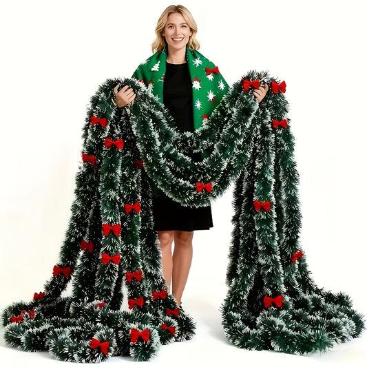 159-Inch - 2pcs Christmas Garland with Red Bow, Dark Green and White Snowflakes, Suitable for Outdoor or Indoor, High-Quality Soft Green Holiday Decor, Suitable for Indoor/Outdoor Holiday Decorations, Fireplace, Staircase, Ch