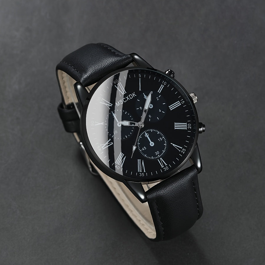 1pc MSCXDK Unisex Watch + 3pcs Accessories, Minimalist Design, Suitable for Formal and Casual Occasions - Black Dial with Roman Numerals, Quartz Movement, Battery-Powered, Affordable Luxury Wristwatch, Slim Design, Sturdy Bra
