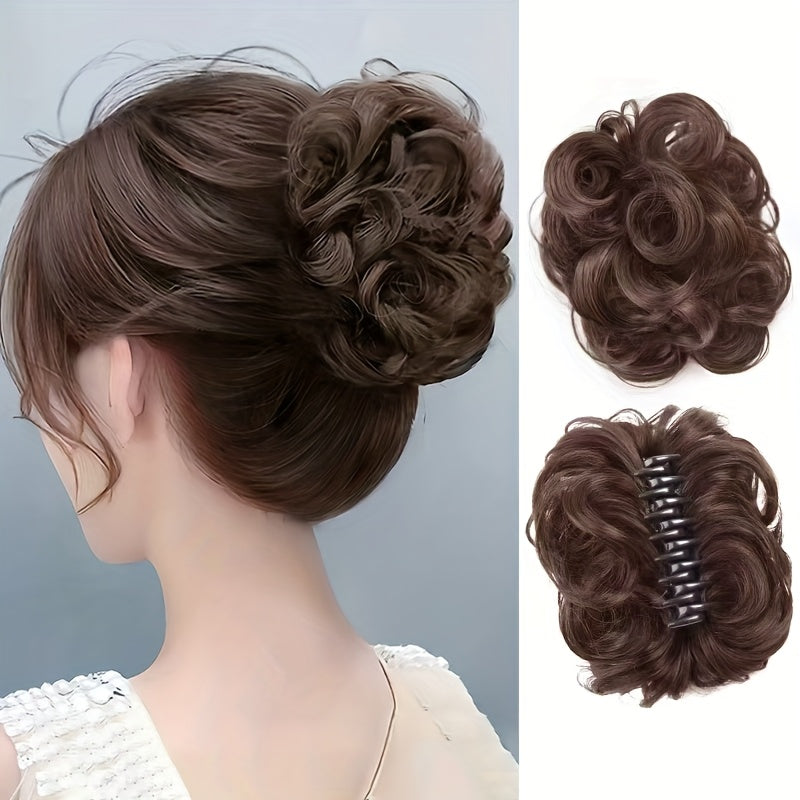 2 PCS Set Elegant Wave Curly Messy Bun Clip with Small Clip-Fluffy Synthetic Headdress - All-Season Hair Accessory for Weddings, Parties, Daily Use - Women's Bridal & Party Hair Styling, Cute Hair Clips, Brides