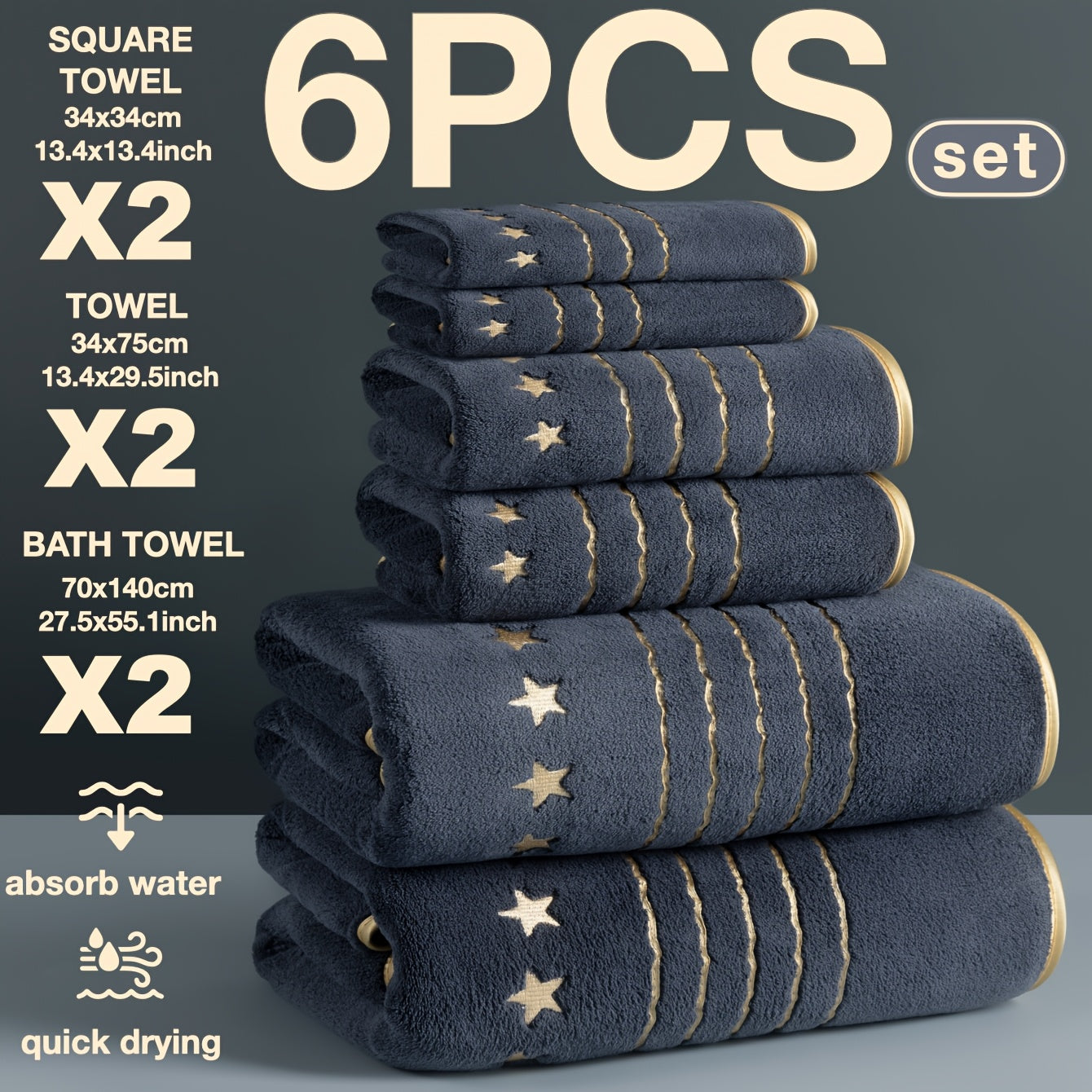4/6-PCS Set Ultra-Soft Golden Thread Light Luxury Five-Star Embroidered Towel Bath Towel Set, 2 Bath Towels 69.85 X 139.95 cm, 2 Hand Towels 34.04 X 74.93 cm, 2 Washcloths 34.04 X 34.04 cm, Perfect for Home, Hotel, and Spa Us