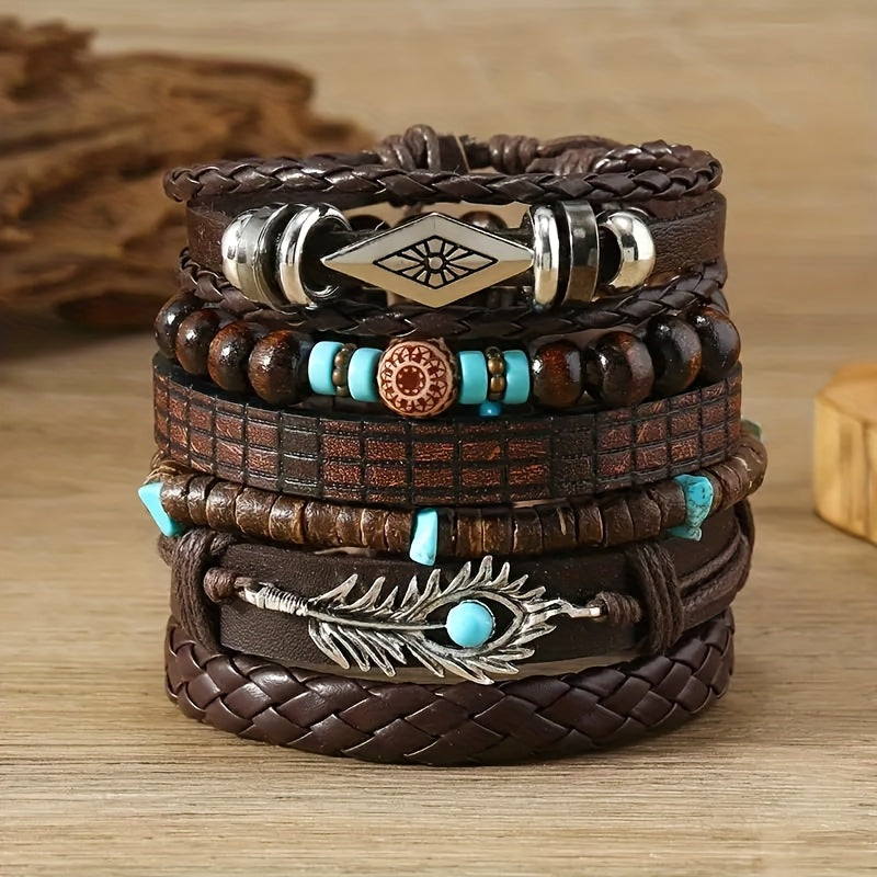24pcs Retro Buffalo Head Turquoise Cowrie Wood Bead Bracelet Set - Brown Faux Leather with Star & Feather Pendants, Ideal Gift for Friends, Daily Occasion, Earth Day, Mother'S Day, Campus Event, Everyday Bracelet | Retro Styl