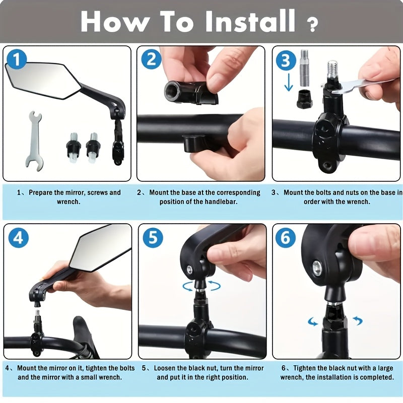 2 PCS Set HD Wide Angle Bicycle Rearview Mirrors - 360° Adjustable, Suitable for Scooters & Bikes Reflective Mirror - Durable ABS, Black Rectangular Handlebar Mirror with Clear Vision Reflection