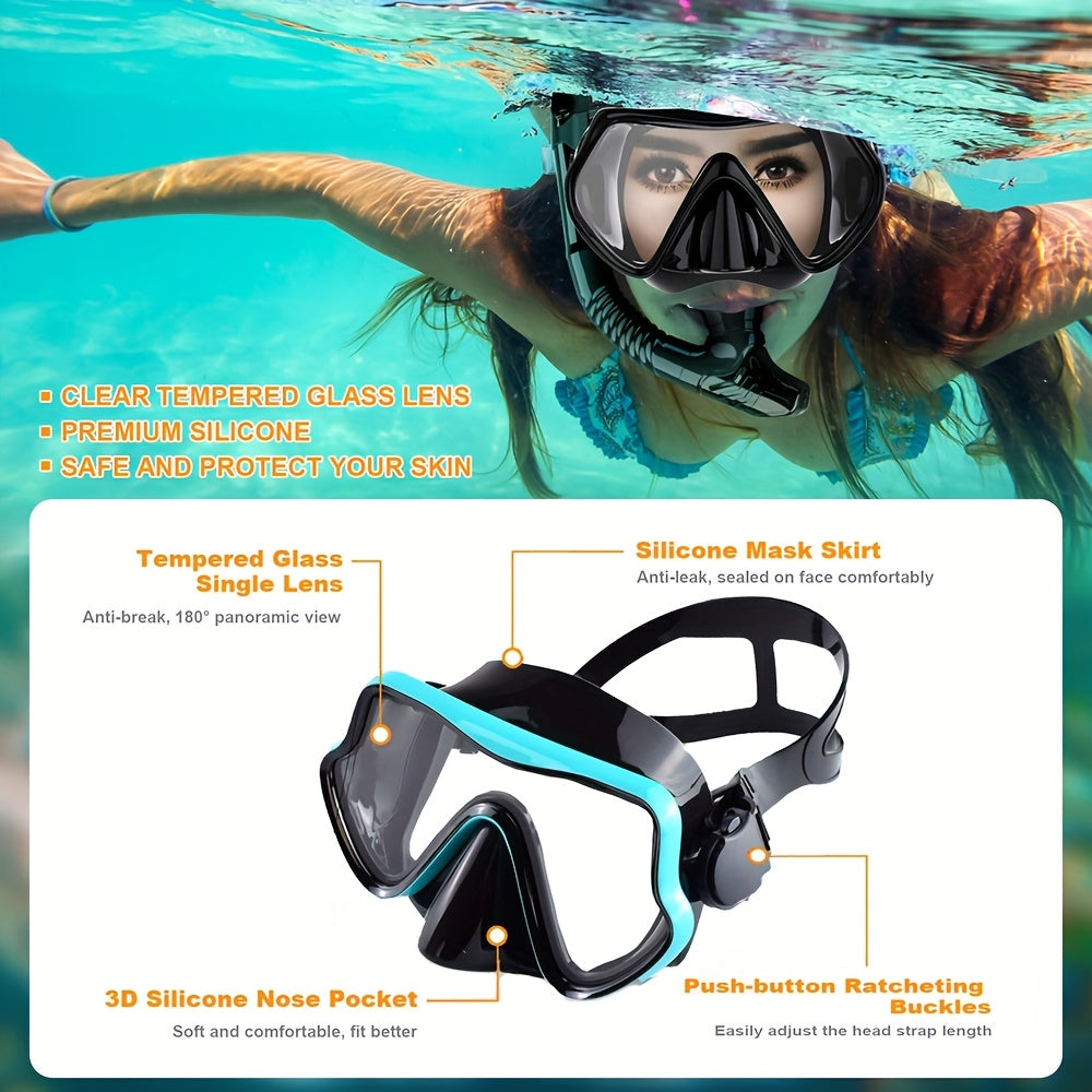Snorkeling Mask Breathing Tube Set Large Frame Silicone Mask, Anti-Leak Anti-Fog Snorkel Mask Swimming Goggles for Men Women