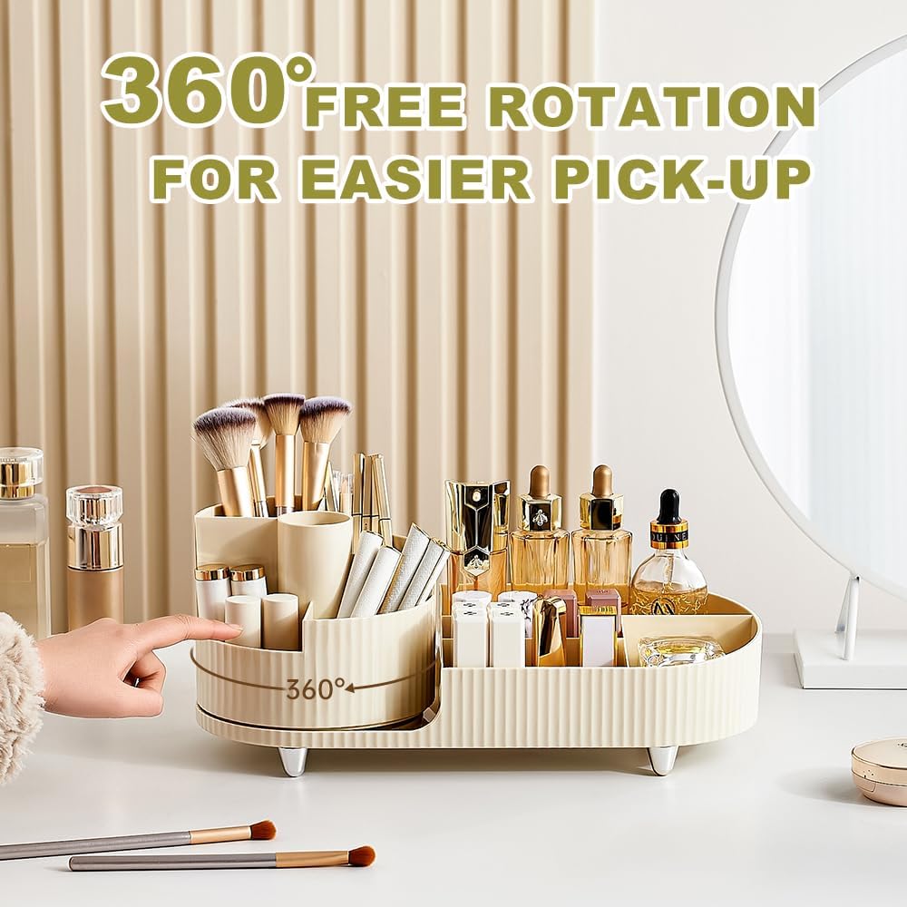 Black and White Color Rotating Makeup Organizer, 360°Rotating Large Capacity Brush Holder, Storage with Compartments for Vanity, Bathroom, Desk Container, Cosmetic Display Cases