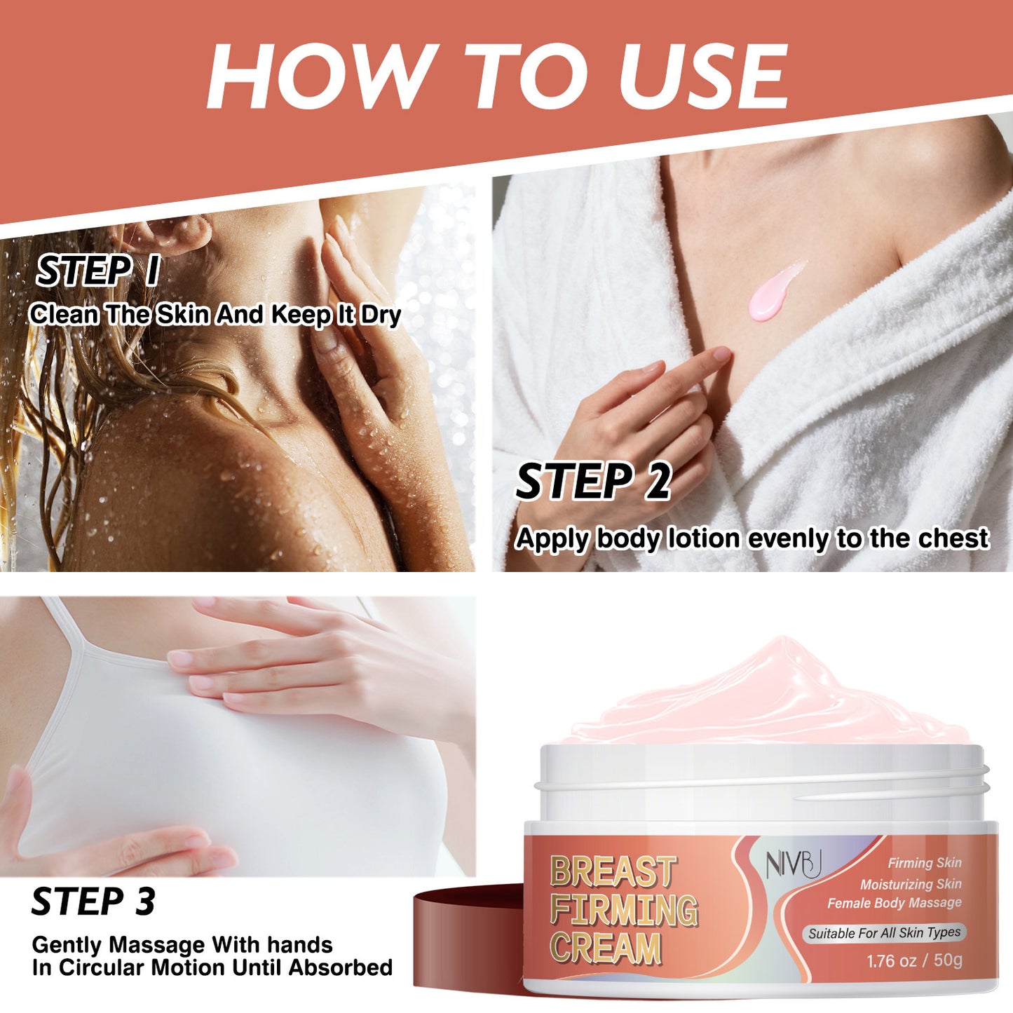 Breast Firming & Lifting Cream with Jojoba Oil, Honey, Caffeine & Vitamin E - Natural Botanical Formula for Sagging Breasts, Moisturizing & Firming, for all Light Tones, Breast Firming Cream, Skincare, Natural Ingredients, Sk
