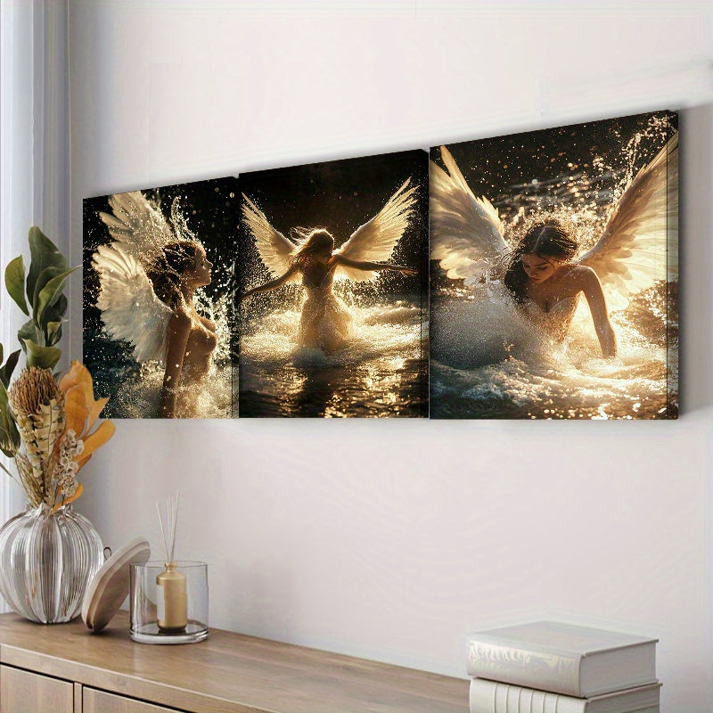 2D Flat Wrapped Canvas Painting 3pcs Set, Water Angel Canvas Wall Art, Modern Decorative Art Style, Wooden Frame Wrapped Canvas, Indoor Portrait Direction, Luxurious Wall Decoration, Suitable for Home, Office, Living Room, Di