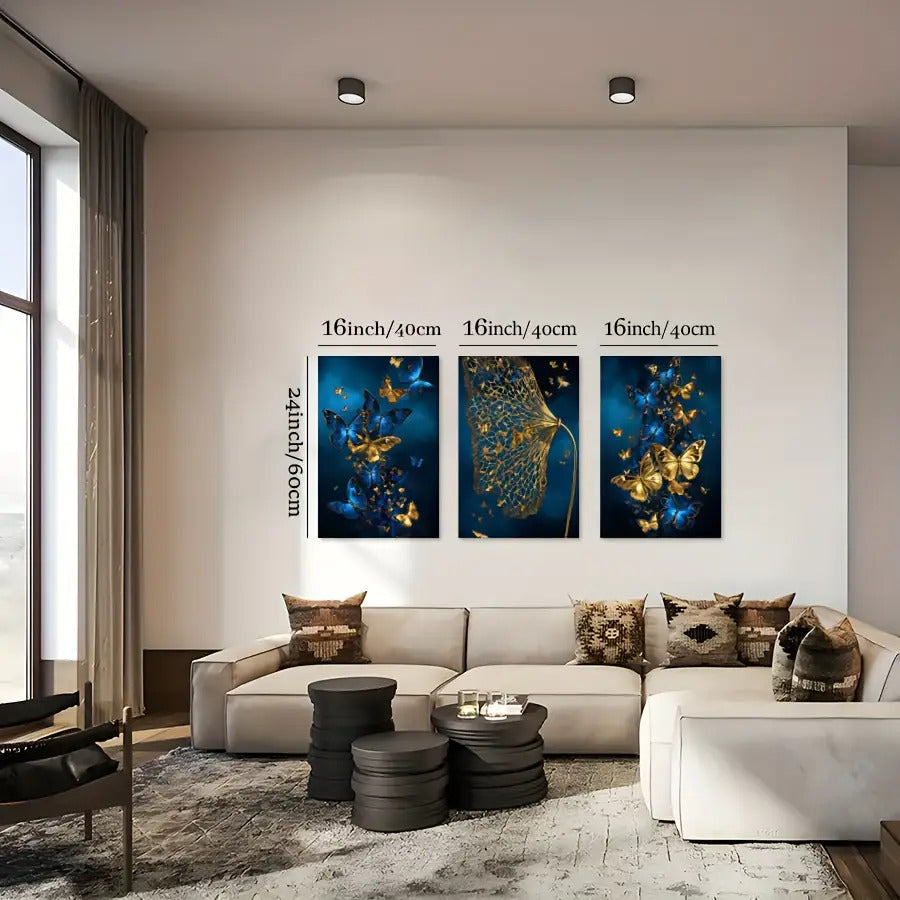 3pcs Navy Blue, Golden & Turquoise Butterfly Canvas Wall Art Set - Modern Abstract Minimalist Wrapped Canvas Paintings with Deep Blue & Golden Hues, Large Wall Decor for Living Room, Bedroom, Bathroom - Indoor Hanging Decorat