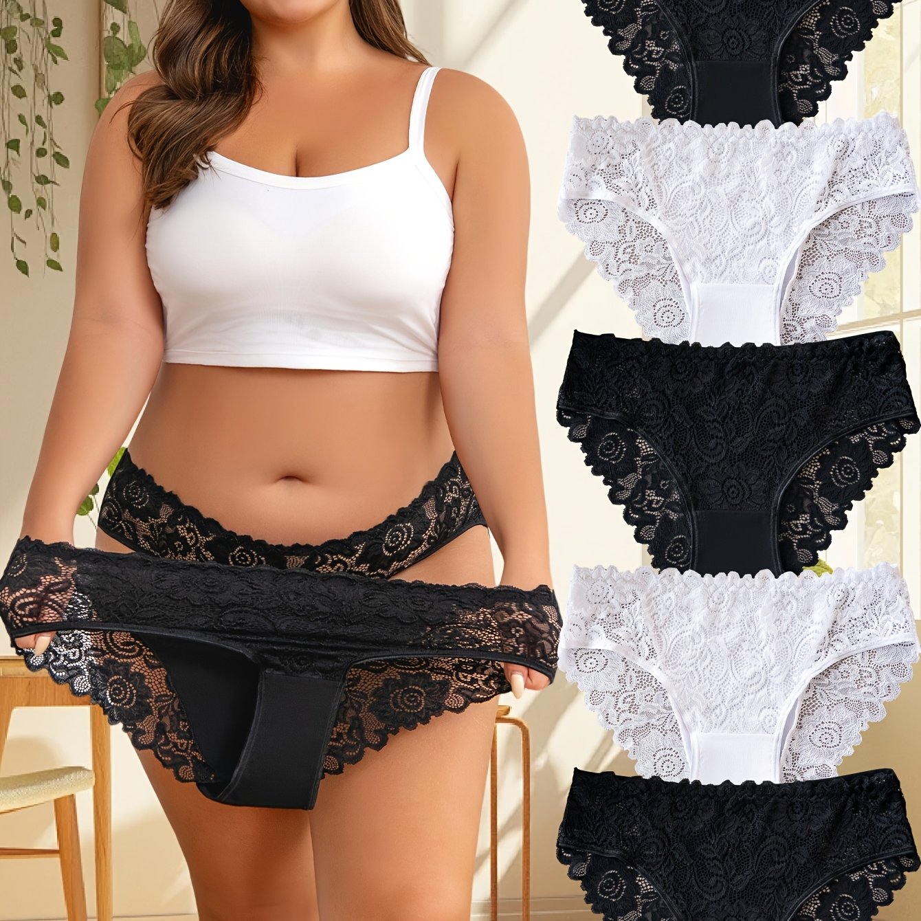 For Curvy Ladies UK XL-5XL (18-26) Plus Size 5 PCS Set Sexy Lace Panties, Comfortable and Breathable Mid-rise Underwear, Semi-transparent Lace Panels with Floral Prints, Perfect for Summer Beach Bikinis