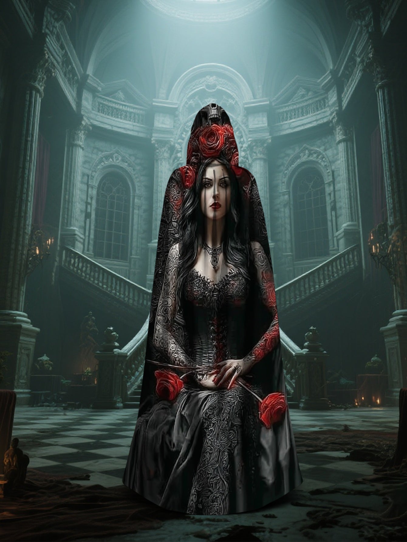 2D Printed Dress-Up Cloak Inspired by Gothic Day of The Dead Queen, Witch-Themed Events, And Festival Party Gifts. for Halloween,  Witchcraft Apparel Clothing Supplies