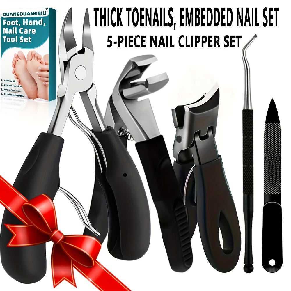 5 PCS Set Stainless Steel Nail Care Kit for Ingrown & Thick Toenails - Heavy-Duty Clippers Set with Nail File, Cuticle Nippers, Toenail Clippers for Seniors Thick Toenails - Classic Black Handles for Men, Women, Seniors, Foot