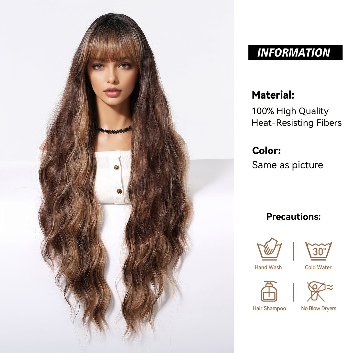 Elegant 81.28cm Brown Curly Wig with Bangs for Women - Soft, Heat-Resistant Synthetic Hair, Perfect for Daily Wear & Special Occasions