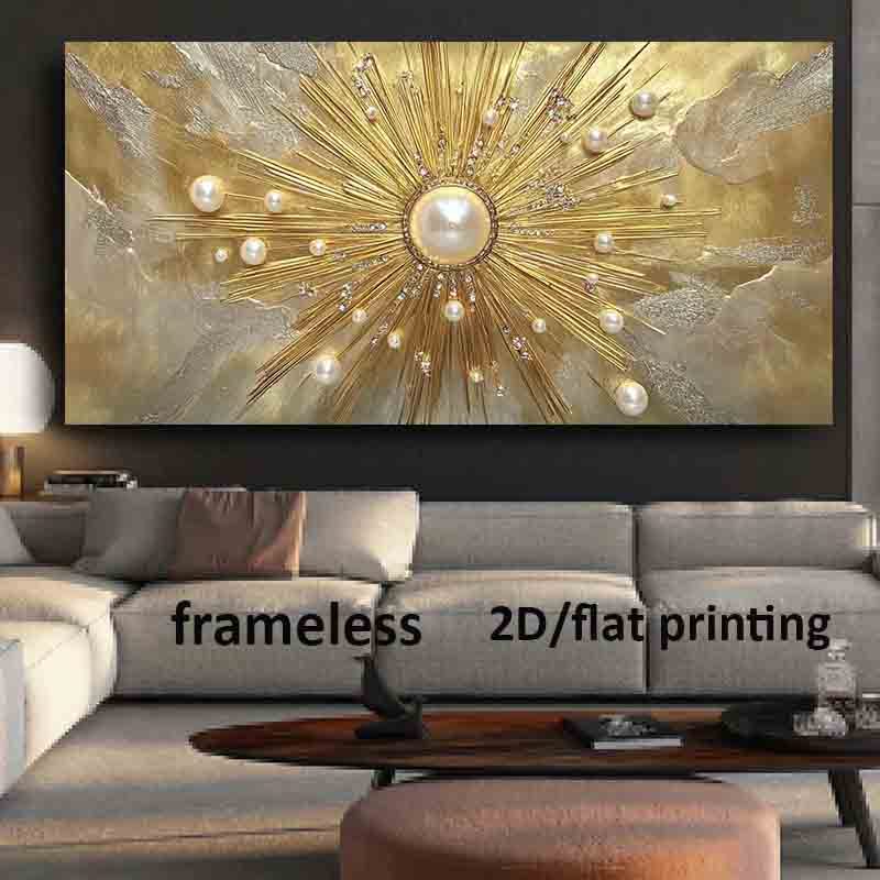 1pc Large Modern Golden Pearl Sunburst Wall Art - Frameless HD Canvas Poster 39.37"x78.74" (100x200cm) Golden Burst Painting for Living Room, - Luxury Contemporary Holiday Gift Suitable for Christmas, Halloween