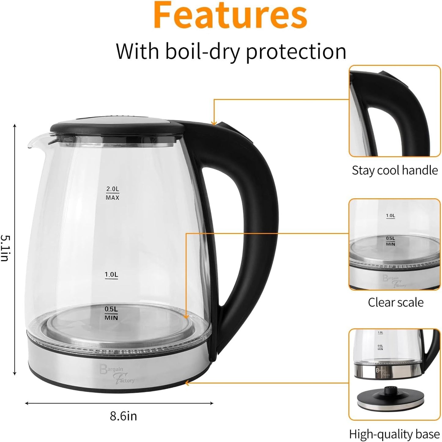 Electric Glass Kettle – 2L Fast Boil, -Free with Blue LED & Boil-Dry Protection