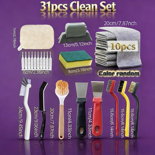 31 PCS Set Cleaning Tool Gift Set - Suitable for Kitchen Sink Gap Cleaning Brush - Cup and Bottle Brush - Pot and Pan Scrubbing Brush - Dishwashing Cloth and Sponge - Window Cleaning Tool with Groove Brush - Bathroom, Toilet,