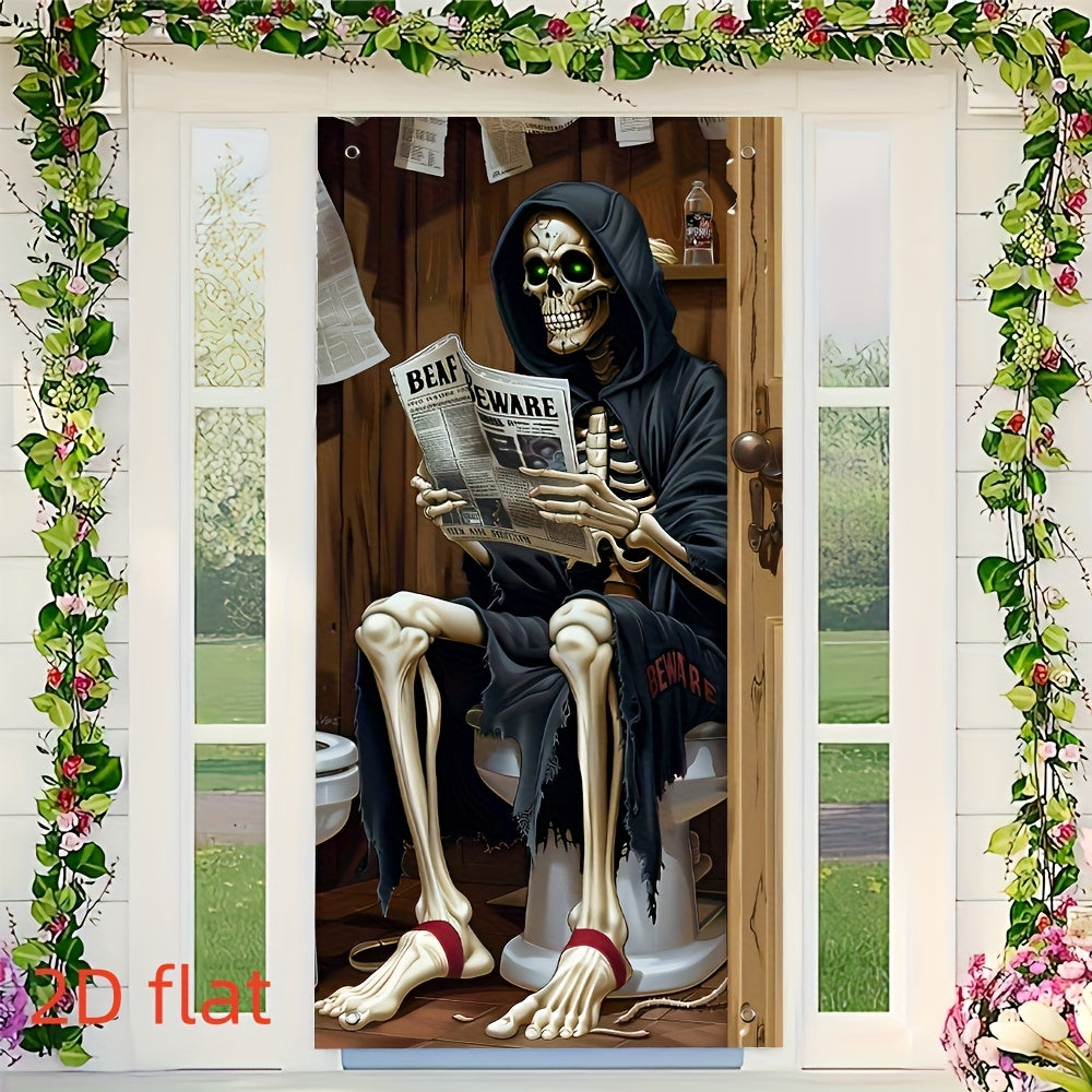 2D Door Banner Spooky Skeleton Reading Newspaper Halloween Door Banner - 89.92cm x 179.83cm Polyester Outdoor & Party Decoration with Sunflowers, Jack-O'-Lanterns, and "BEWARE" Sign, Perfect for Festive Celebrations, Hallowee