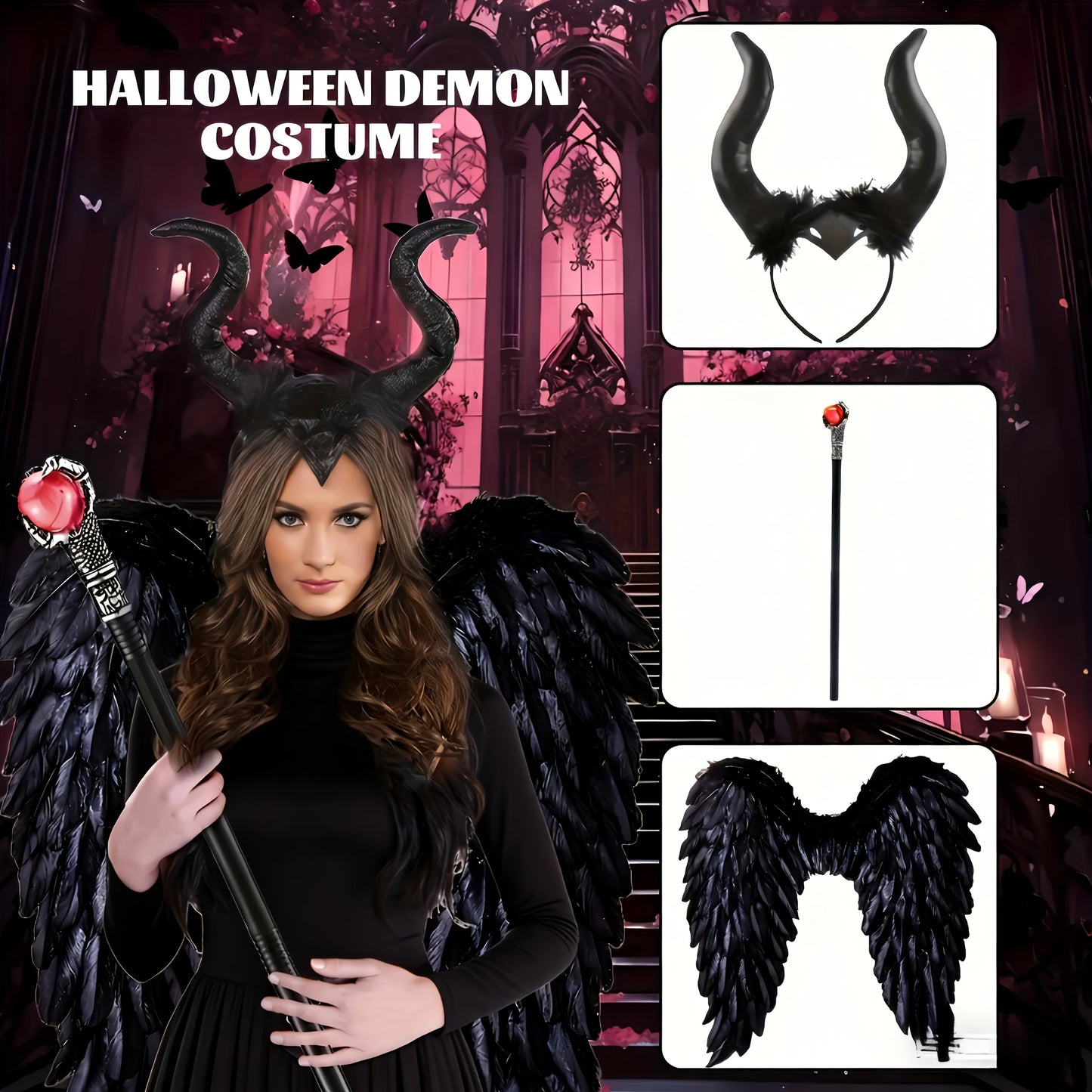 3 PCS Set Black Fallen Angel Costume Accessories Set, Including Wings Devil Horns Headband Witch Cane Halloween Clothing Supplies