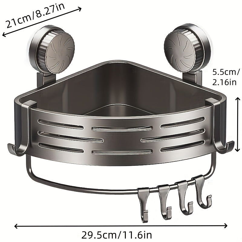 Space-Saving Suction Cup Bathroom Shelf - No Drilling Required, Strong Triangular Rack with Hooks, Suitable for Shower And Toilet Walls/Tiles, Multifunctional Storage Organizer