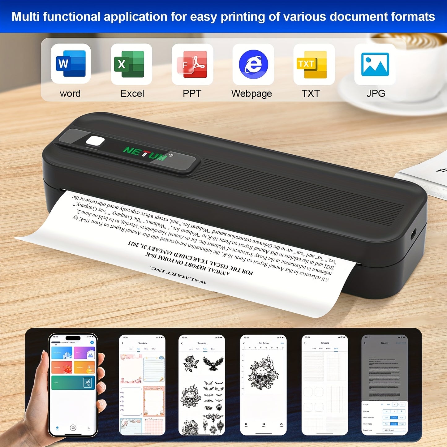 A4 Portable Thermal Printer - Wireless and USB Connection, Multi-Size Printing, Roll/Fold Paper Compatible, Ink-Free Monochrome Output, Supports PDF/Word/Excel/JPG, 203dpi High Definition Print, Built-in 2600mAh Rechargeable