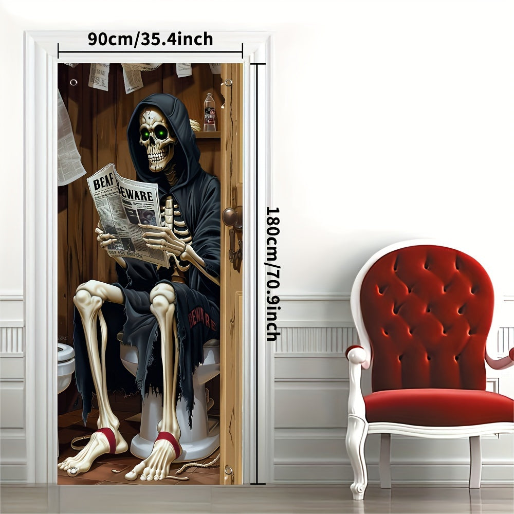 2D Door Banner Spooky Skeleton Reading Newspaper Halloween Door Banner - 89.92cm x 179.83cm Polyester Outdoor & Party Decoration with Sunflowers, Jack-O'-Lanterns, and "BEWARE" Sign, Perfect for Festive Celebrations, Hallowee