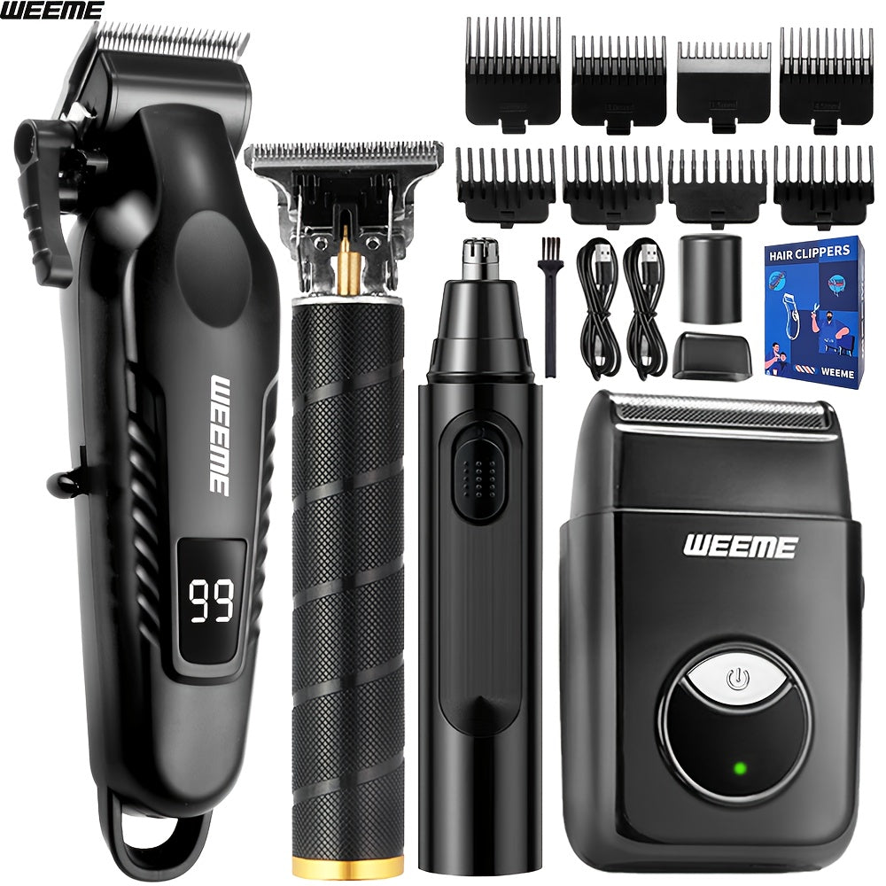 4 PCS Set Men's Grooming Kit with USB- Fast-Charging Clipper, T-Trimmer, Razor & Nose Hair Trimmer - All-in-One Hair & Shaving System for Home, Travel - Ideal Gift for Dad, Husband, Boyfriend (Birthday/Father's Day)