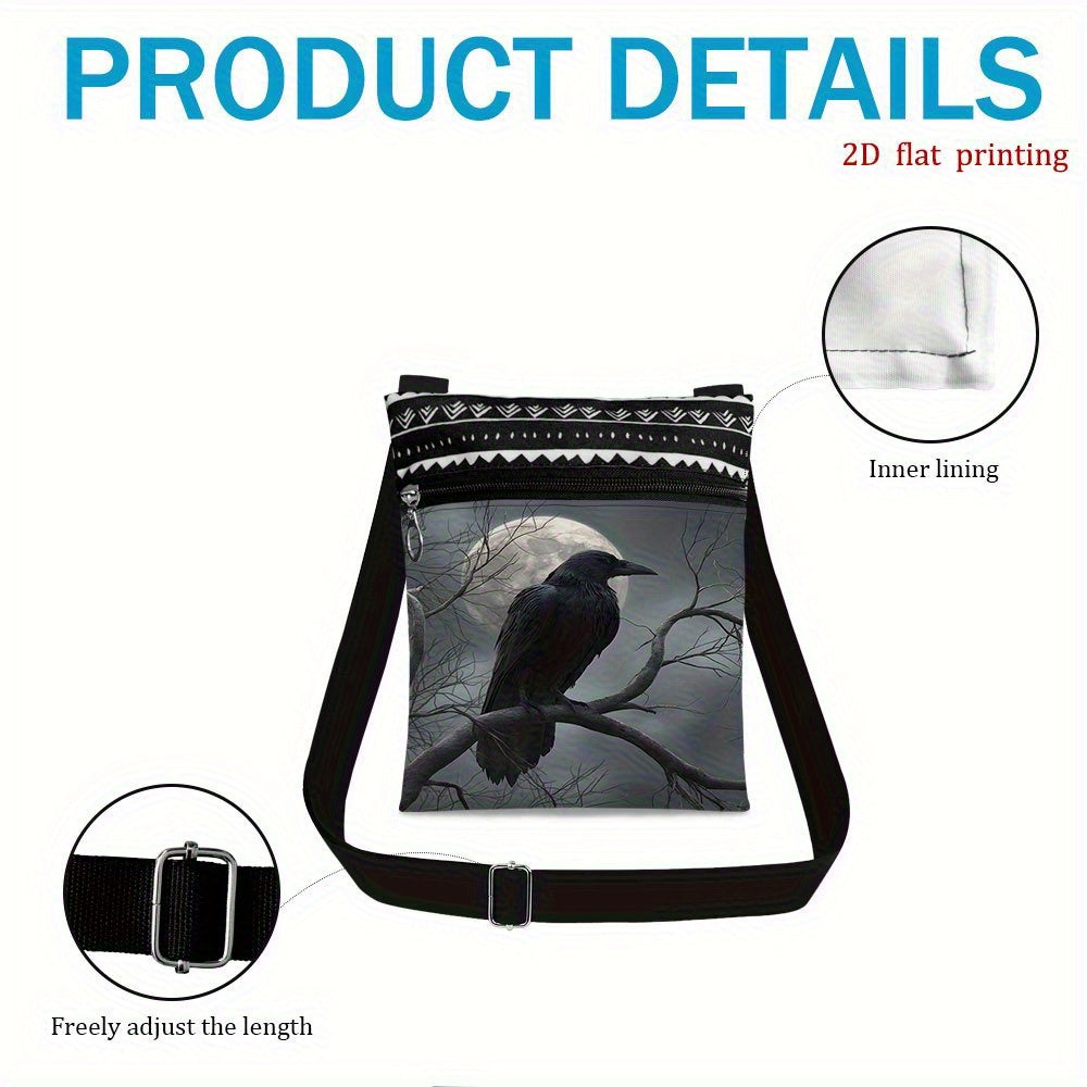 NEW Black Raven Moon Night Crossbody Bag with Adjustable Strap & Zipper Closure - Gothic Moon & Raven Print Handbag, Durable Casual Purse Suitable for Wedding Party Favors, Beach Trips, Daily Use - Stylish Gift for, 2D Flat