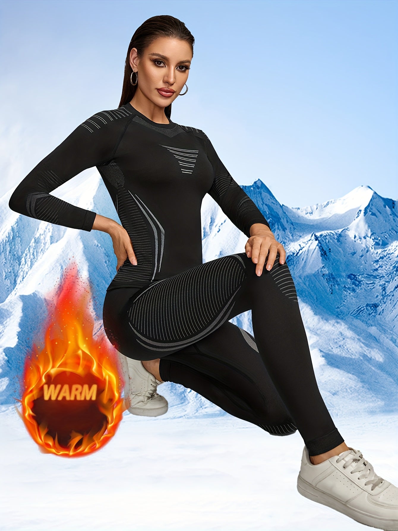 2 PCS Set Women's Seamless Compression Sportswear Set, Autumn/Winter New Arrival, Ski Base Layer, Warm, Moisture-Wicking, Quick-, Body-Hugging