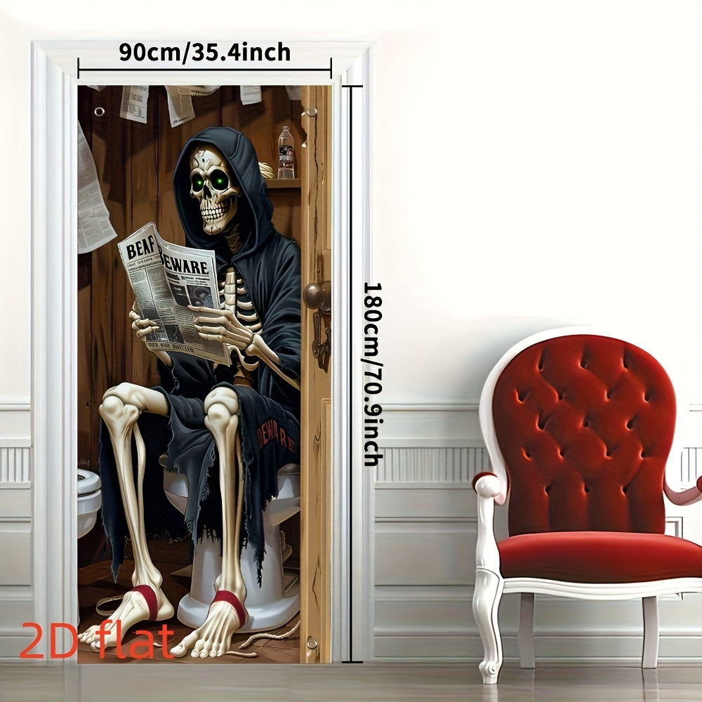2D Door Banner Spooky Skeleton Reading Newspaper Halloween Door Banner - 89.92cm x 179.83cm Polyester Outdoor & Party Decoration with Sunflowers, Jack-O'-Lanterns, and "BEWARE" Sign, Perfect for Festive Celebrations, Hallowee